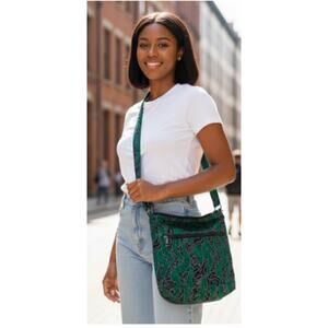 African Print Crossbody Bag Green Black Adjustable Strap 2 Zip Pockets